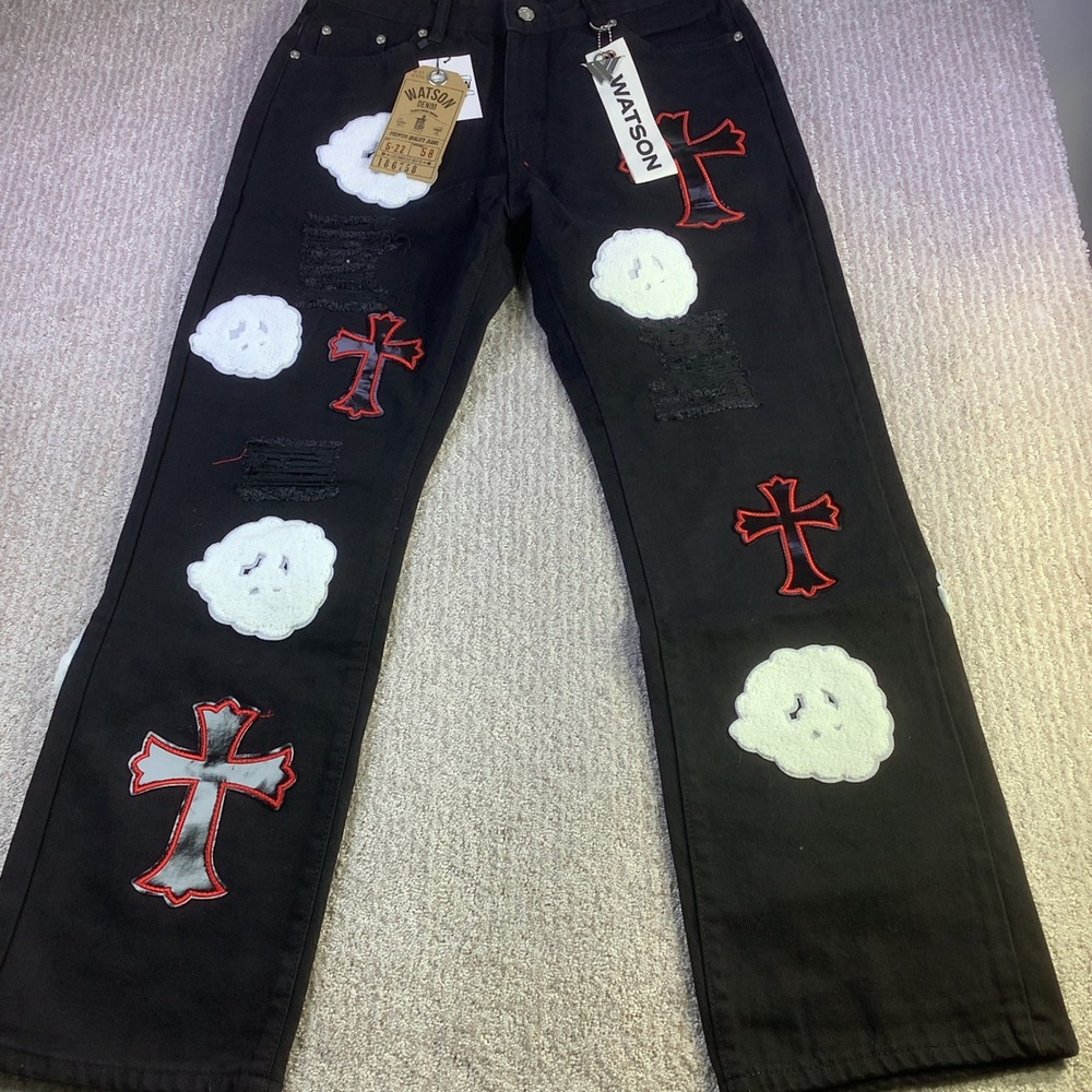 Watson Denim Jeans Cross Cloud Black Distressed Embellished‎ Mens 34 x 30 NWT
